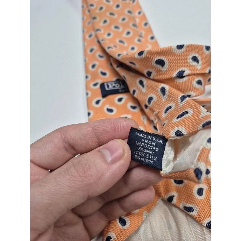 Polo Ralph Lauren Tie Mens One Size Orange Paisley 100% Silk Handmade USA